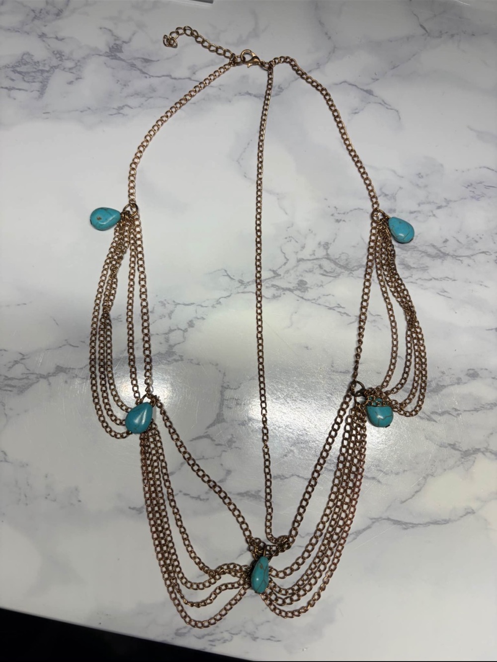 Multi-Strand Gold Head Chain Jewelry with Turquoise Teardrop Accents